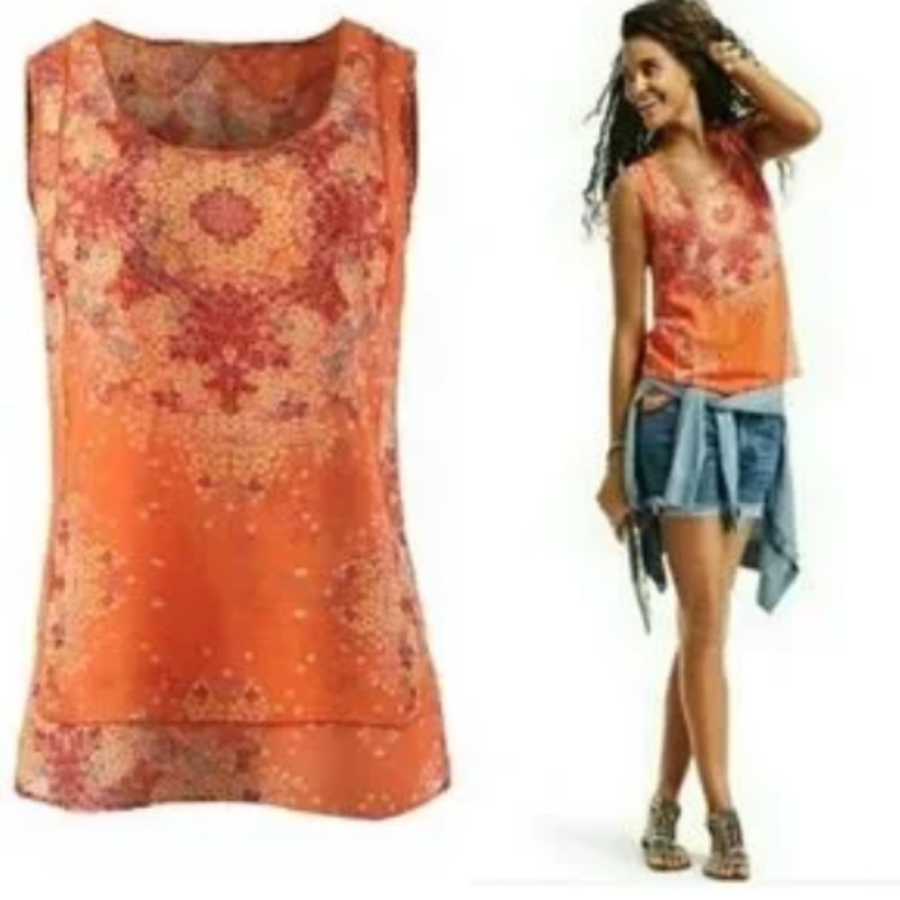 CAbi #268 Merrow Tank Blouse Top Career orange sheer boho size Small EUC
